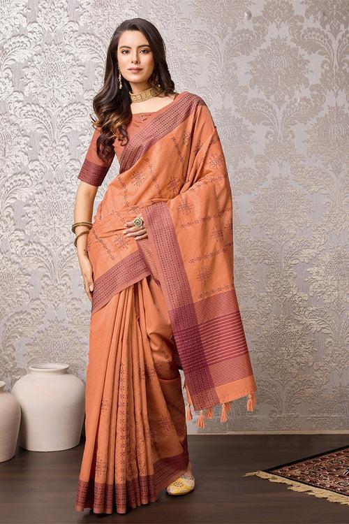 Orange Tussar Silk Saree With Blouse Piece