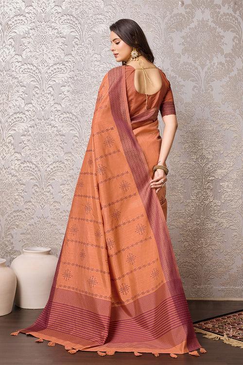 Orange Tussar Silk Saree With Blouse Piece