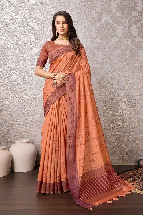 Orange Tussar Silk Saree With Blouse Piece