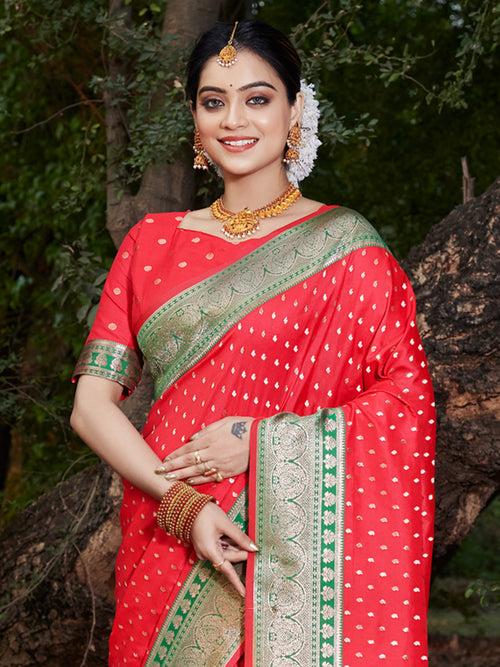 Red Banarasi Silk Saree With Blouse Piece