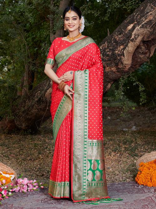 Red Banarasi Silk Saree With Blouse Piece