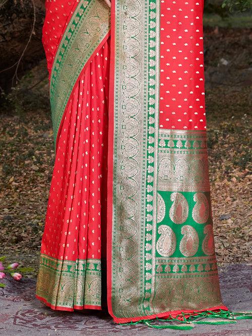 Red Banarasi Silk Saree With Blouse Piece