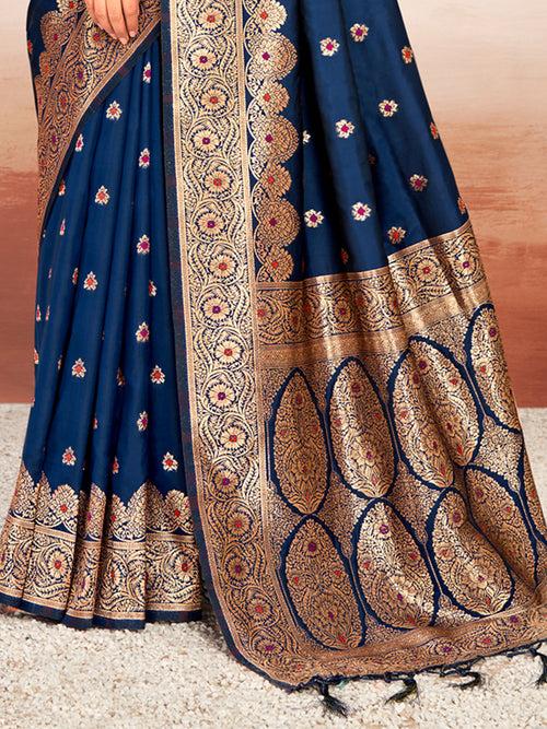 Navy Blue Silk Saree With Blouse Piece