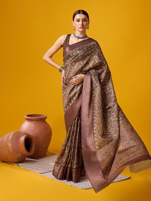 Coffee Cotton Digital Print Saree With Blouse Piece