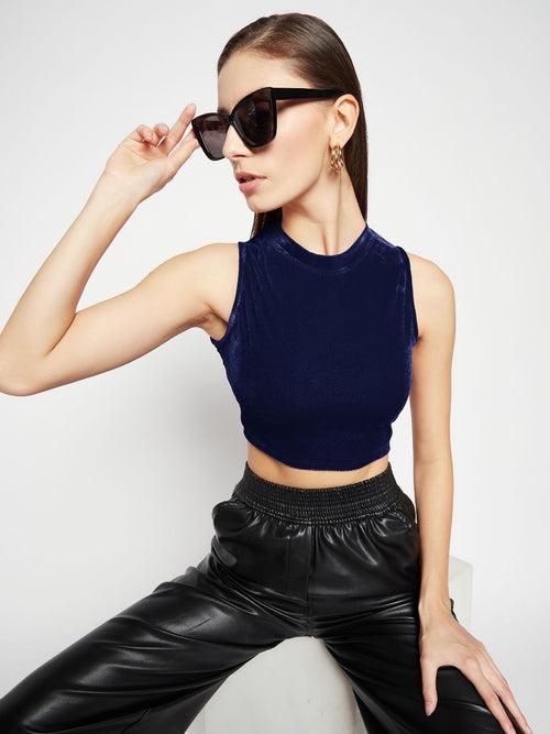 Stretchable Velvet High Neck Crop Top