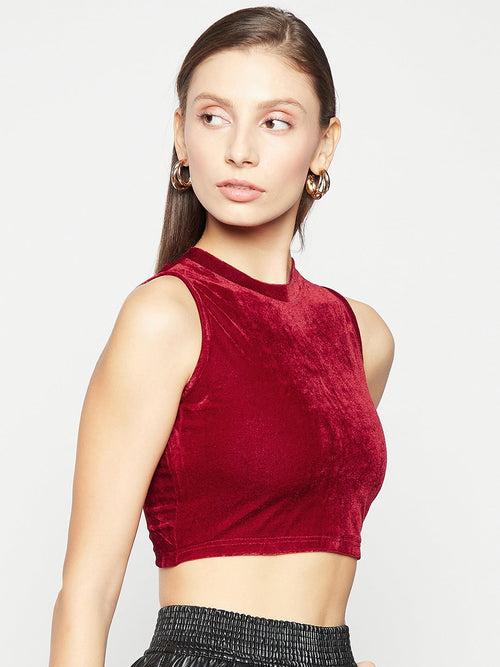 Stretchable Velvet High Neck Crop Top