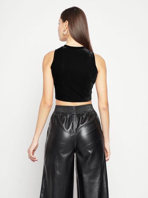 Stretchable Velvet High Neck Crop Top