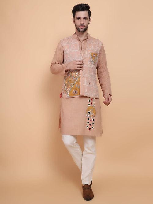 Beige Mirror Work Kurta Set