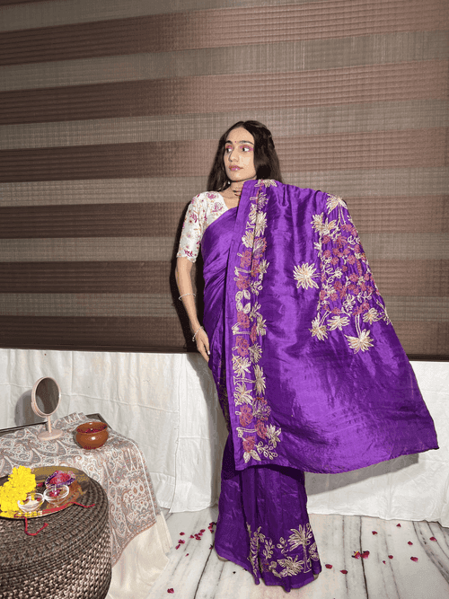 Purple Aari Zardozi Work Women Saree