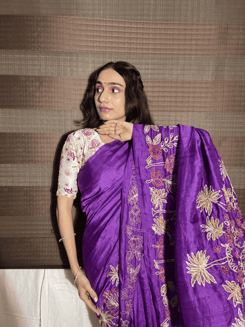 Purple Aari Zardozi Work Women Saree