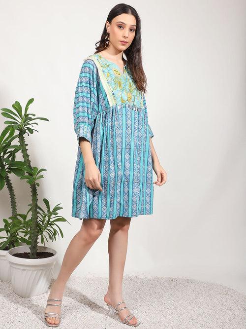 Light Blue Embroidered Mirror Work Dress