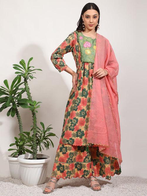 Green Embroidered Mirror Work Kurta Set