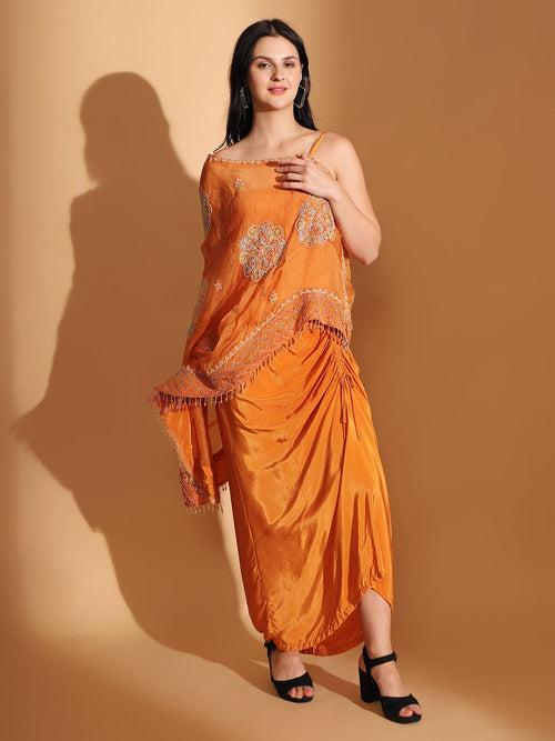 Orange Organza Silk Cape with Drape Skirt