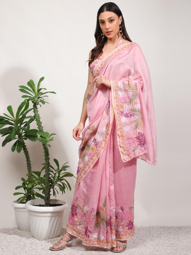 Pink Embroidered Women Saree