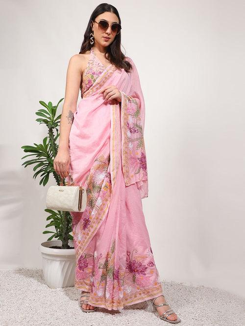 Pink Embroidered Women Saree