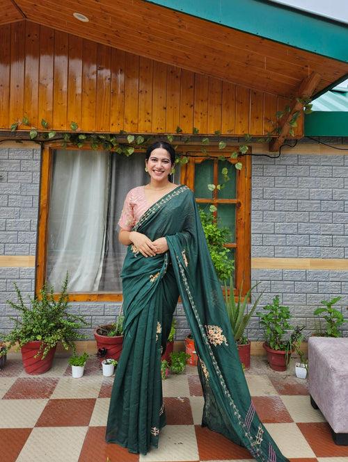 Green Aari Zardozi Embroidered Saree With Blouse