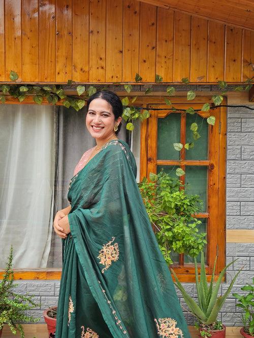 Green Aari Zardozi Embroidered Saree With Blouse