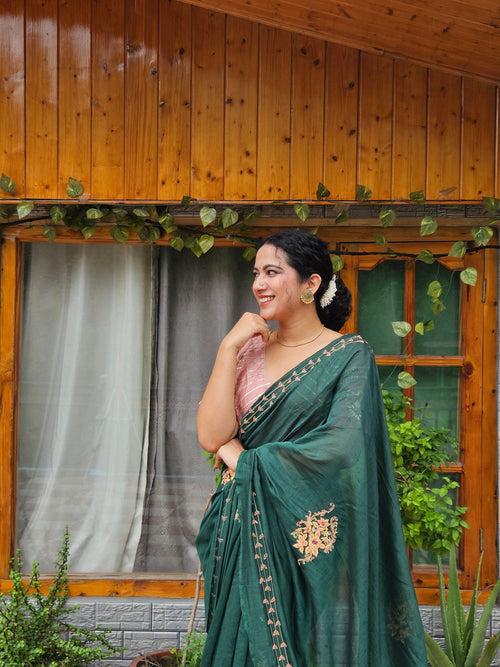 Green Aari Zardozi Embroidered Saree With Blouse