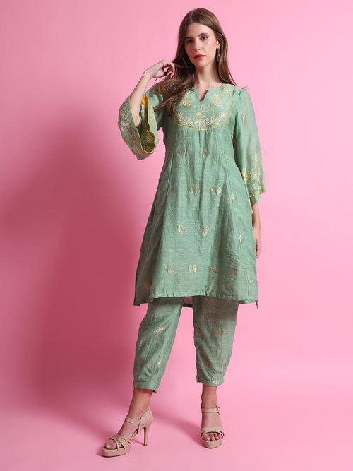 Green Chanderi Flower Kurta set