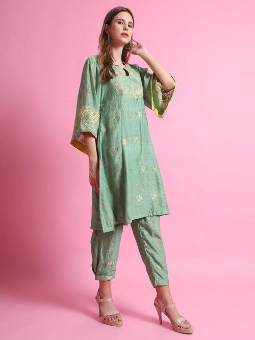 Green Chanderi Flower Kurta set