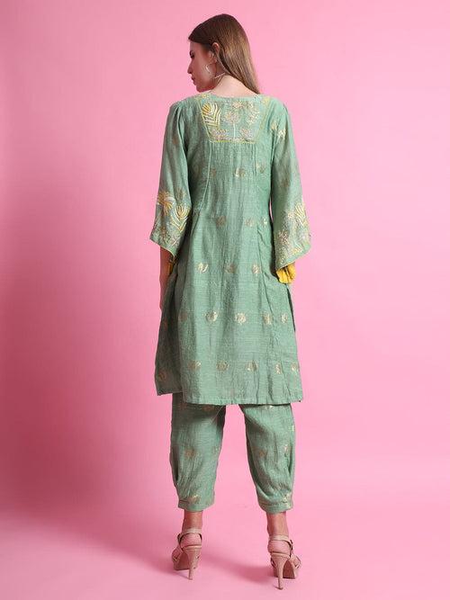 Green Chanderi Flower Kurta set