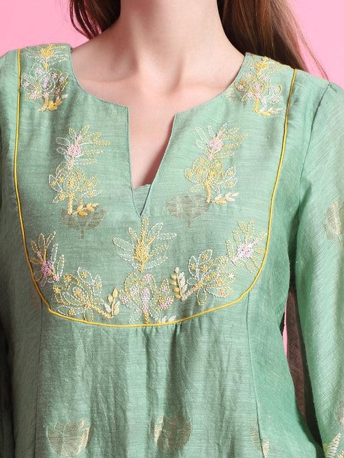 Green Chanderi Flower Kurta set