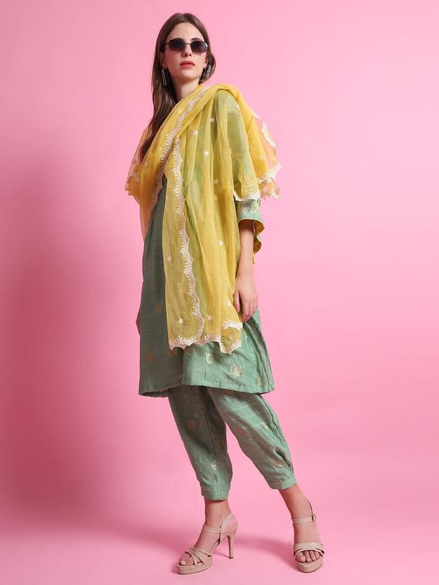 Green Chanderi Flower Kurta set