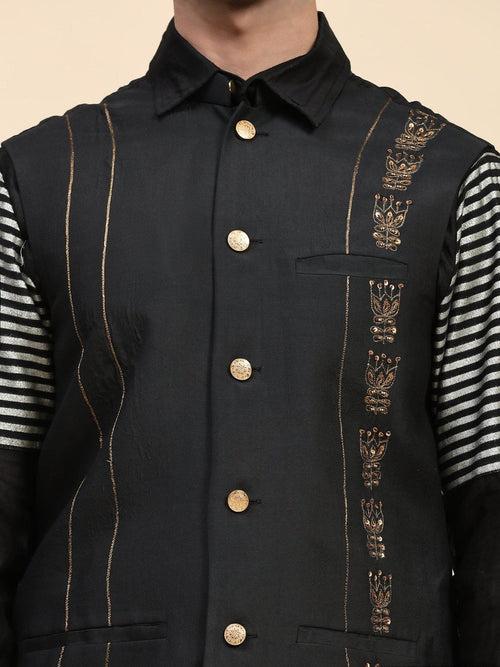 Black Chanderi Silk Men Kurta Set