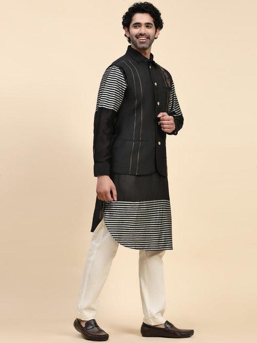 Black Chanderi Silk Men Kurta Set