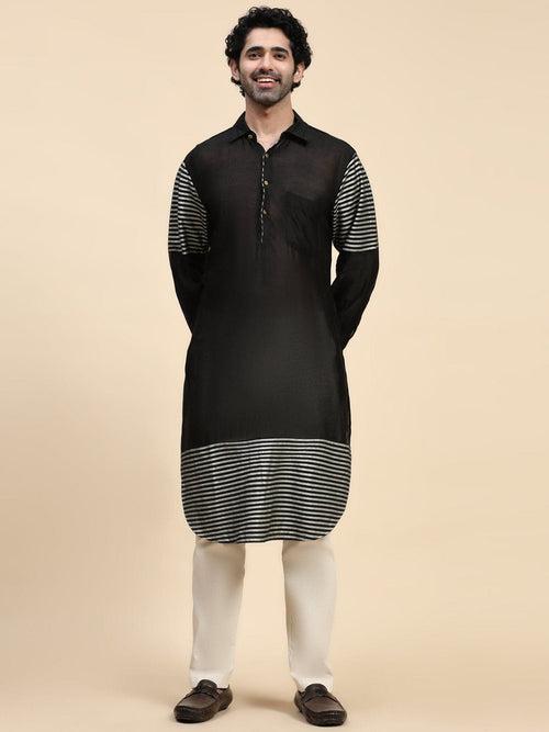 Black Chanderi Silk Men Kurta Set