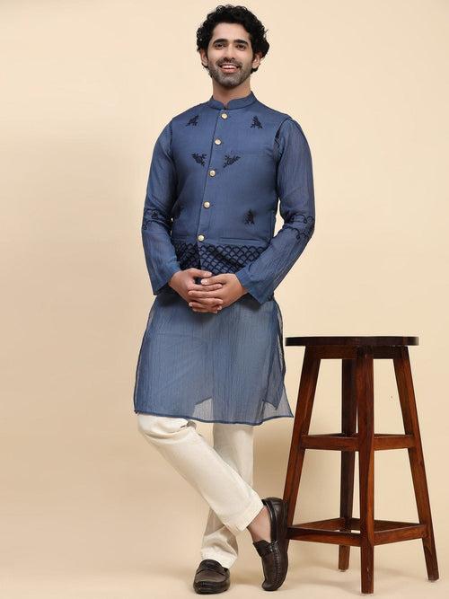 Blue Chikan Chanderi Men Kurta Set