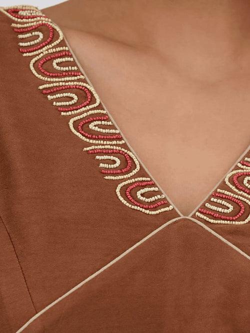 Brown Beads Work Chanderi Silk Blouse