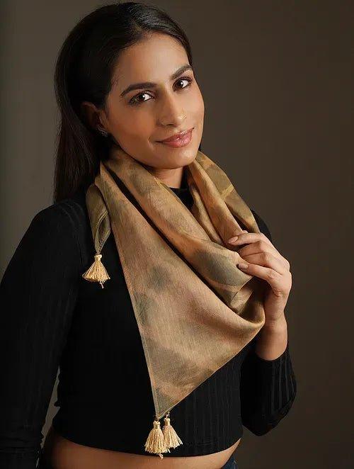 Brown Clamp Dye Chanderi Silk Scarf