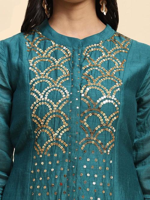 Green Sequin Work Chanderi Kurta Set