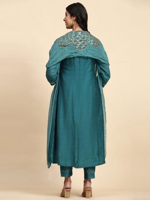 Green Sequin Work Chanderi Kurta Set