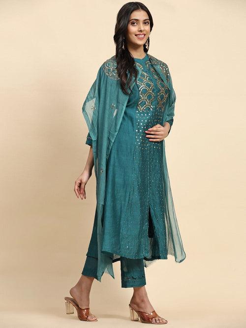 Green Sequin Work Chanderi Kurta Set