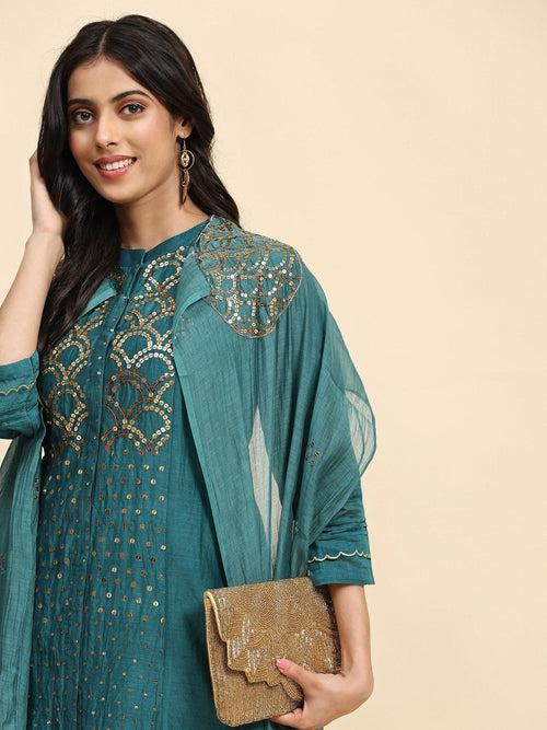 Green Sequin Work Chanderi Kurta Set