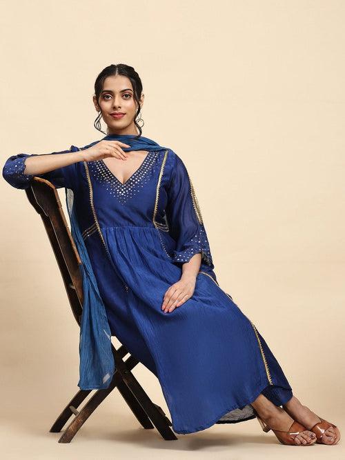 Ink Blue Sequin Work Chanderi Kurta Set