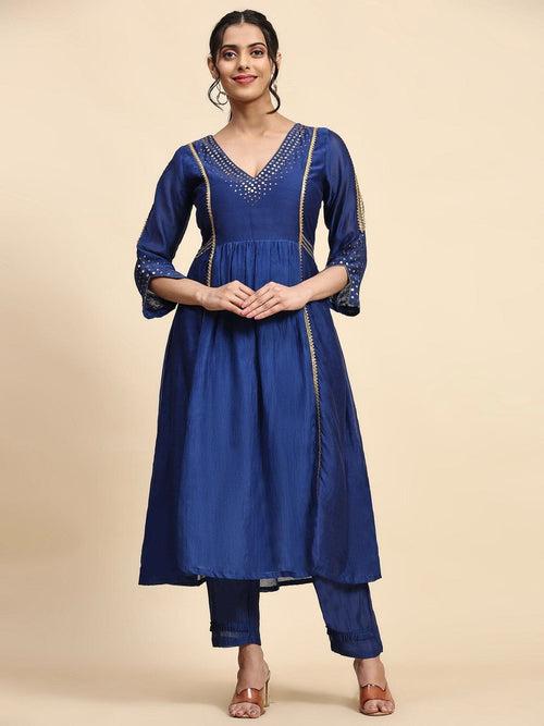 Ink Blue Sequin Work Chanderi Kurta Set