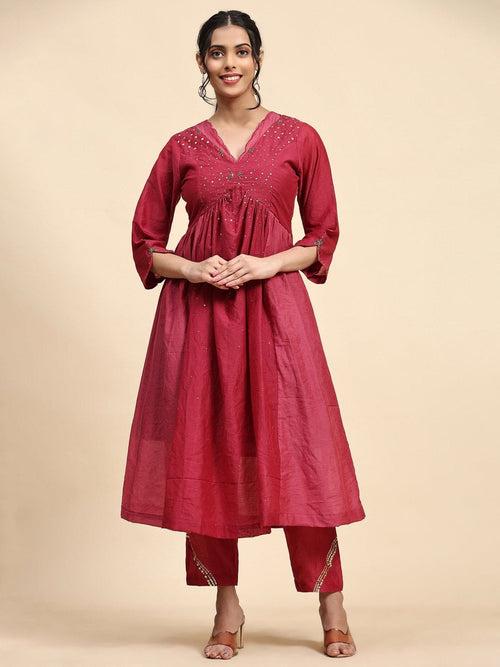 Maroon Sequin Work Chanderi Kurta Set