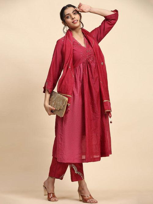 Maroon Sequin Work Chanderi Kurta Set