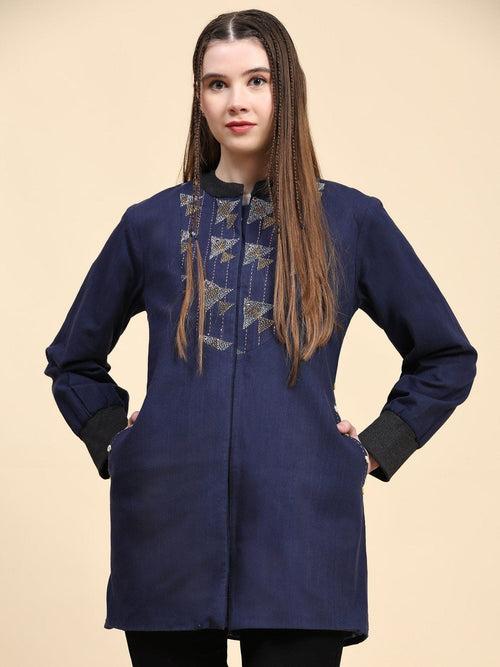 Navy Blue Cotton Kantha Women Jacket