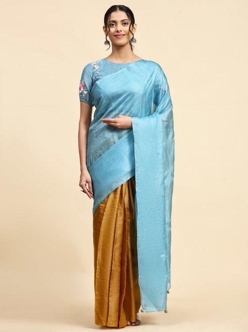 Ocean Blue & Mustured Tussar Silk Saree