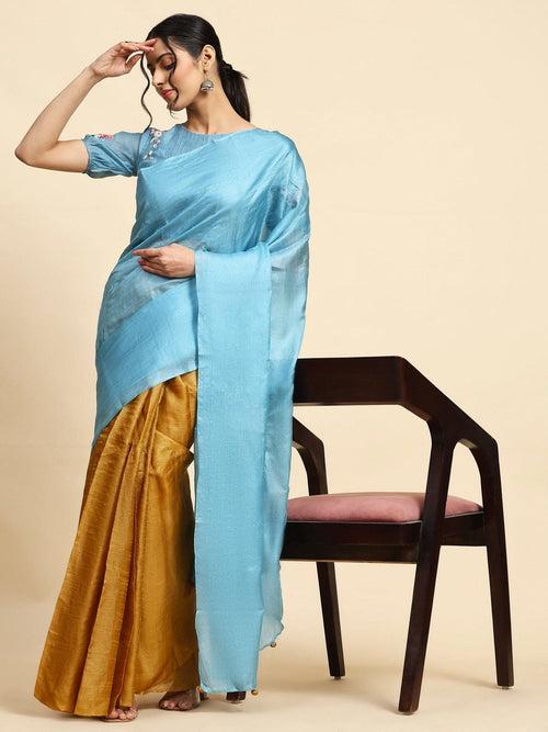 Ocean Blue & Mustured Tussar Silk Saree