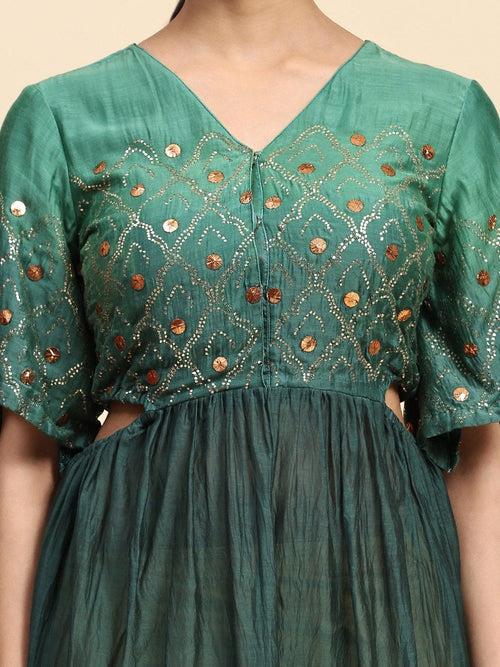 Ocean Green & Grey Mukaish Chanderi Dress