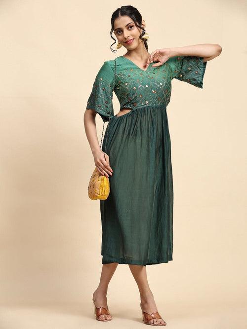 Ocean Green & Grey Mukaish Chanderi Dress