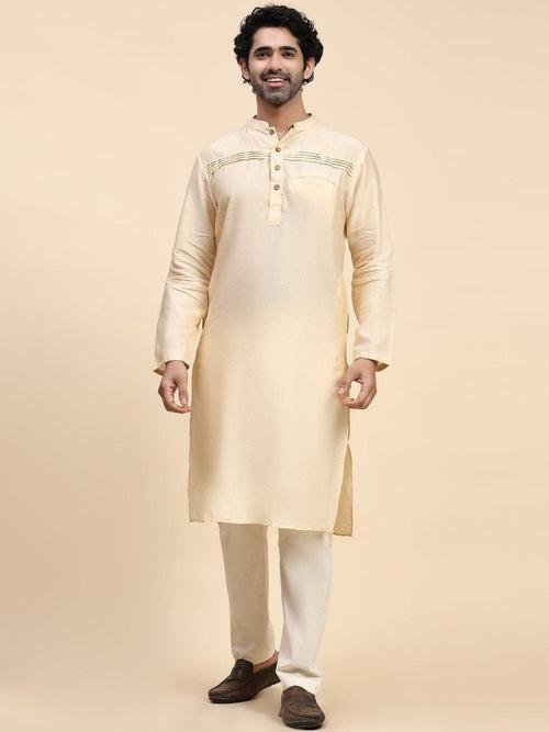 Off White Chanderi Silk Men Kurta Set