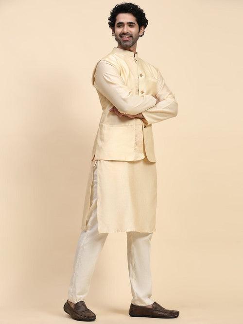 Off White Chanderi Silk Men Kurta Set