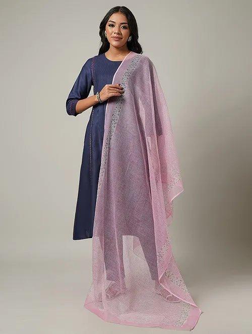 Pink Block Printed Kota Dupatta