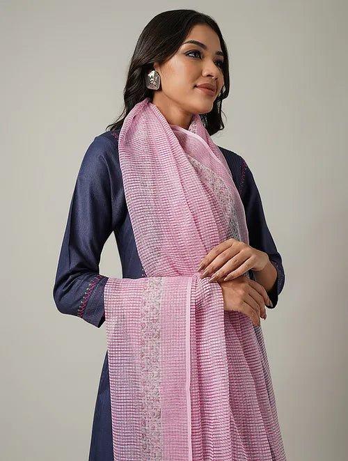 Pink Block Printed Kota Dupatta